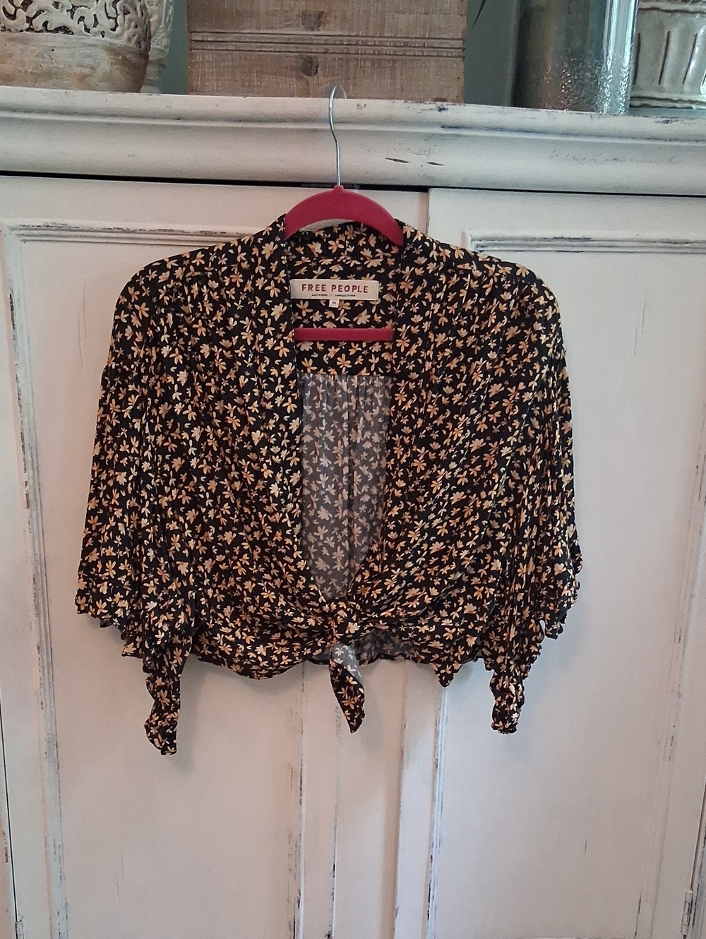 Free People Black Floral Tie-Front Crop Top